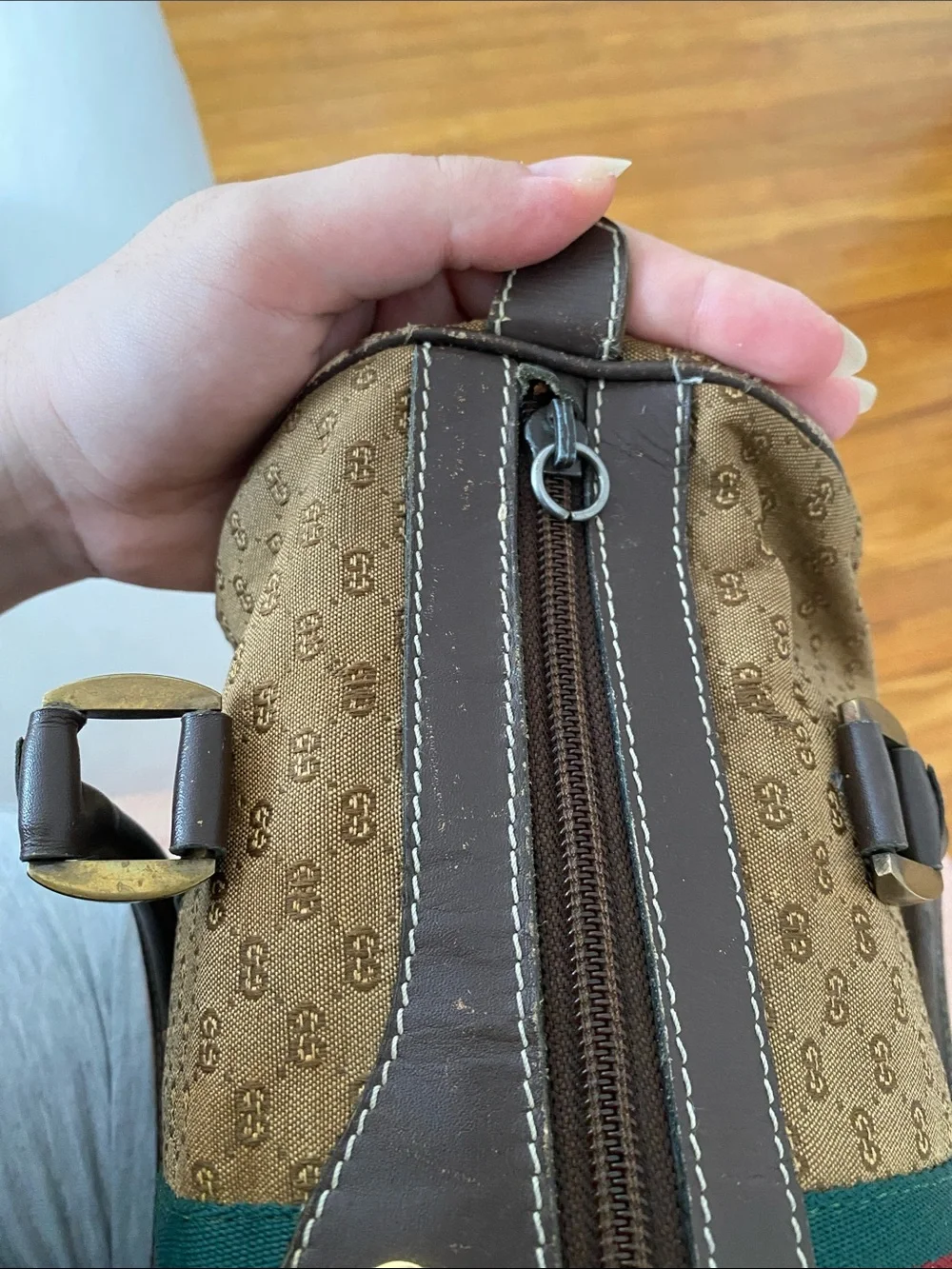 Brown Canvas Satchel with Green and Red Web Stripe